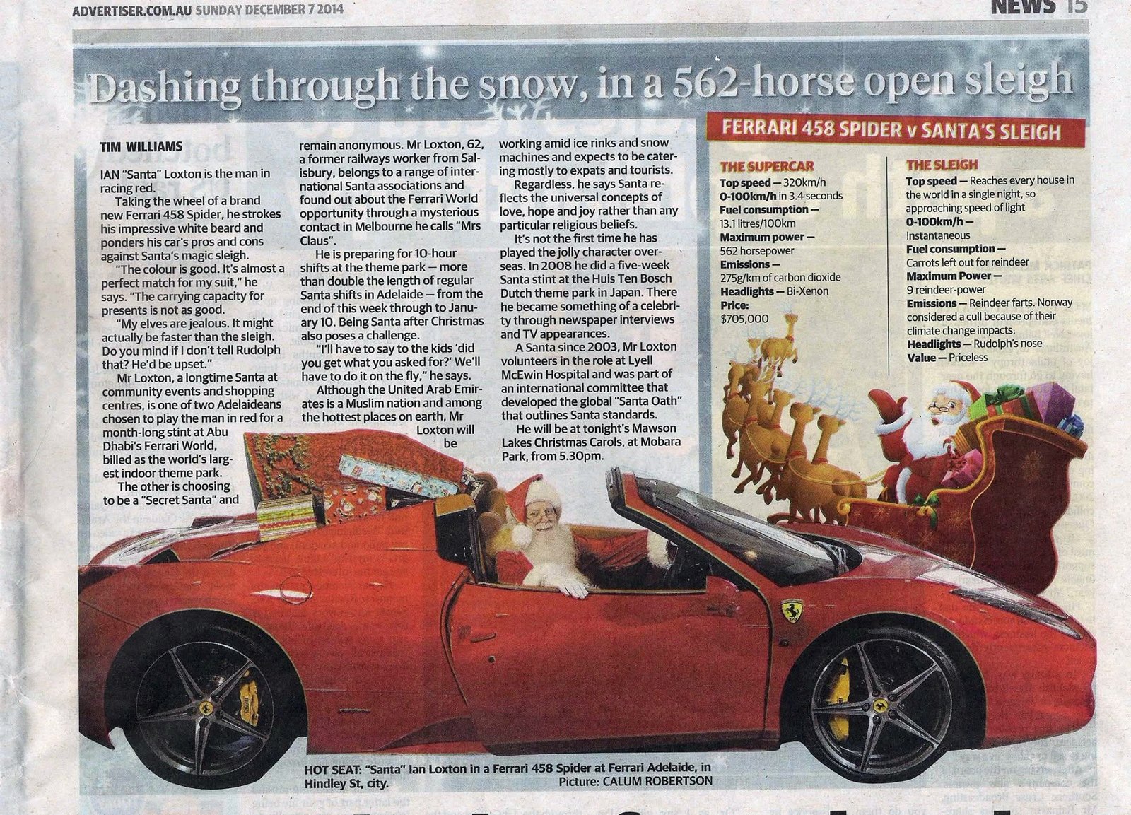 The Advertiser feature Dashing Through The Snow In A 562-Horse Open Sleigh with a Book a Santa Santa in a Ferrari 458 Spider
