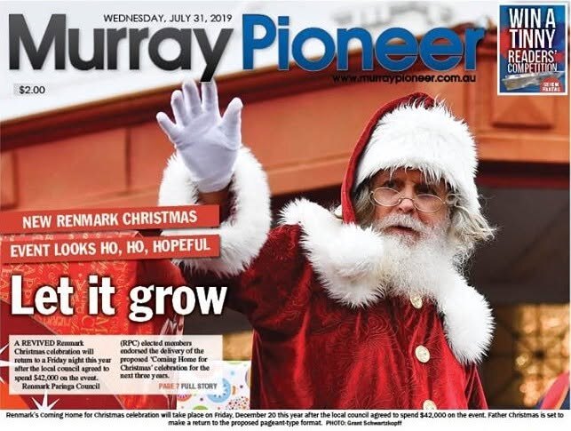Murray Pioneer front page featuring a Book a Santa performer at Renmark's Christmas event