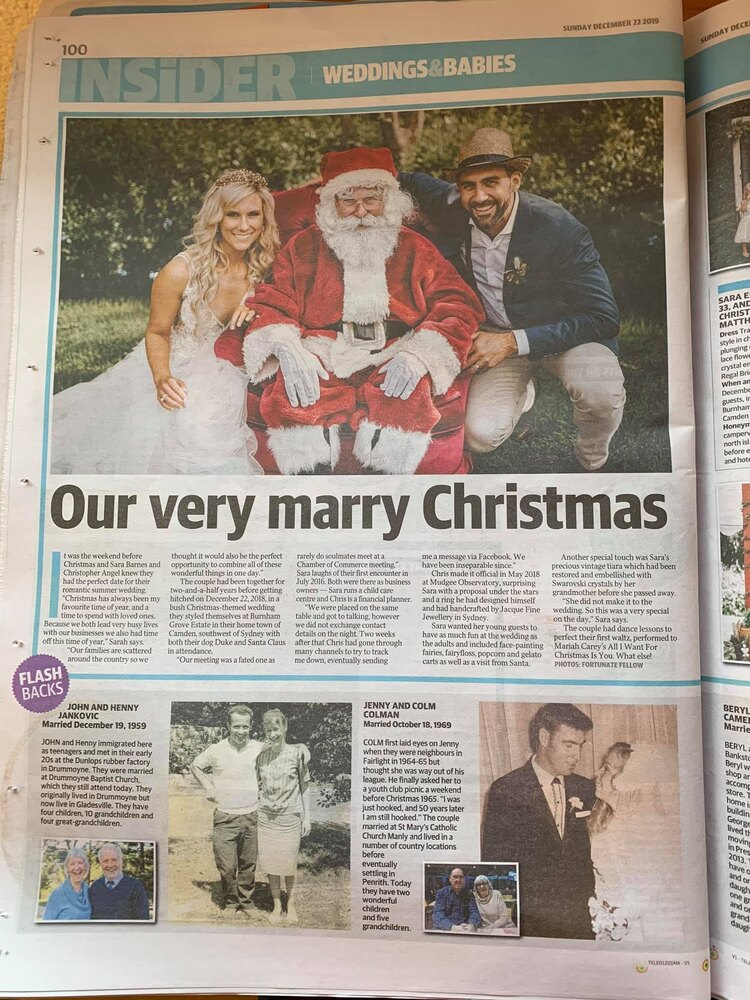Newspaper feature of a couple married with a Book a Santa Santa Claus at their Christmas wedding